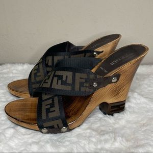 Vintage Fendi Wooden Sandals Mules Heels Size 7